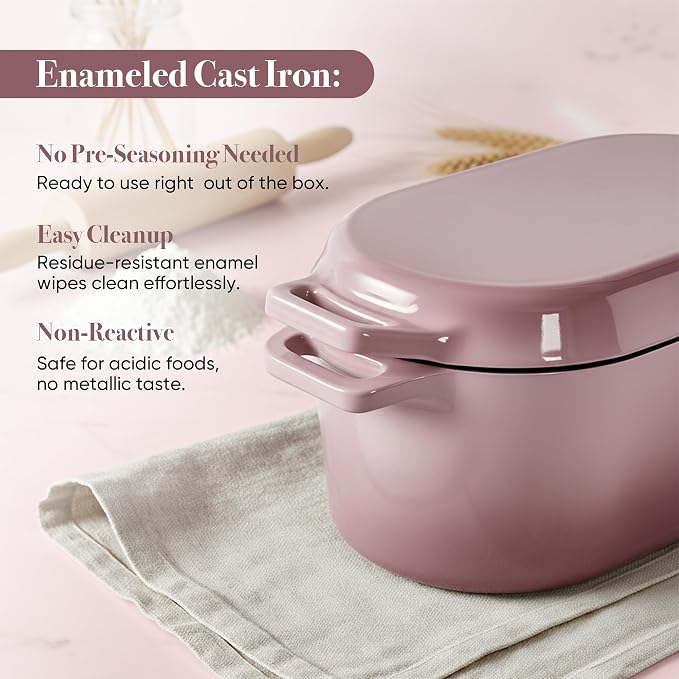 Dutch Oven for Bread Baking, 3.4 QT Bread Dutch Oven for Sourdough,Enamelled Cast Iron Bread Oven with Lids, Heavy-Duty Non Stick Sourdough Loaf Pan, Meatloaf Pan, Pink