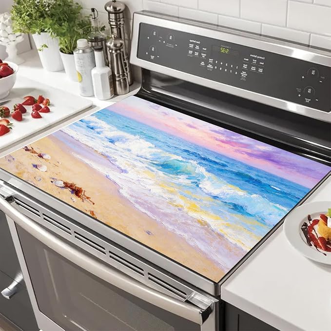 HOMETITUTE Summer Stove Top Covers for Electric Stove 28x20 Inches Ocean Wave Beach Heat Resistant Glass Cooktop Pad Decorative Stovetop Cover for Kitchen Coffee Bar Decor