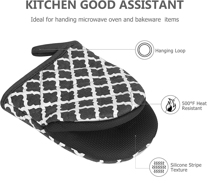 Short Oven Mitts, Heat Resistant 500°F, Silicone Grip Kitchen Gloves, Non-Slip for Baking, Grilling, BBQ, Machine Washable with Hanging Loop, 2-Pack Set, White Checkered Pattern | Non-Slip, Heat Resistant, Machine Washable, Hanging Loop, Fits Small Han...