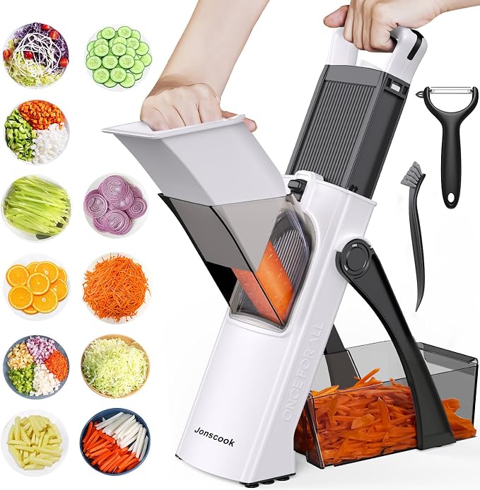 All-in-1 Safe Mandoline Slicer for Kitchen, Food Chopper with Container | 0.1-8mm Thickness Vegetable Chopper, Safe Mandoline Slicer, Potato French Fry Cutter Tomato Apple Slicer Onion (BlackWhite)