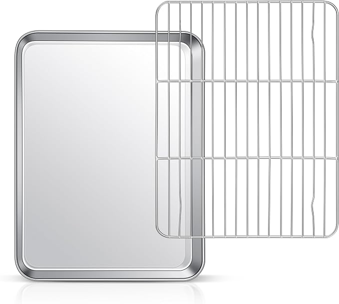 12.5” Baking Sheet Pan with Rack, Joyfair Stainless Steel Toaster Oven Tray | Bakeware Cookie Pan & Cooling Rack for kitchen bake Jelly Roll/Bacon/Meat, Commercial Metal & Rust-free, Dishwasher Safe