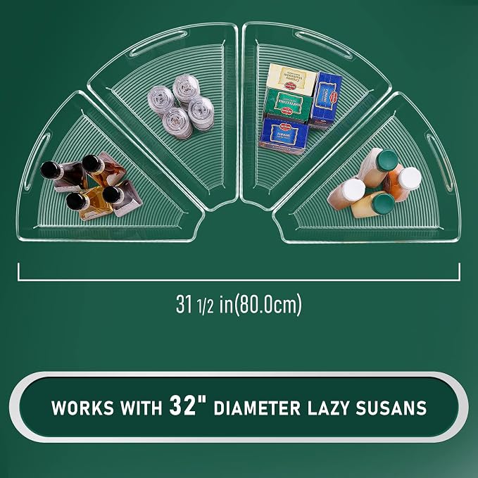 Lazy Susan Cabinet Organizer Bins for 26"/ 28"/ 32" Diameter | Corner Organizer, Plastic Cabinet Storage Bin, 1/8 Wedge - Food Safe, BPA Free, with Non-Slip Pads (for 32" Diameter, 4 Pack)