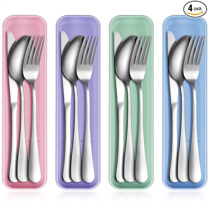 4 Pack Travel Silverware Set with Case for Lunch,Pastel | Reusable Utensils with Case, Portable Flatware, Camping Cutlery, Fork Spoon Knife, for Work School, Dishwasher Safe