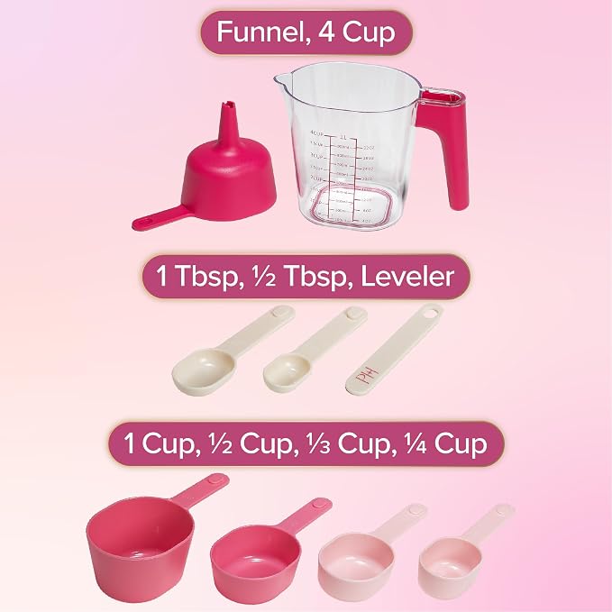 Paris Hilton 9-Piece Measuring Set, Durable Plastic Measuring Cups and Spoons With Funnel and Leveler, Dishwasher Safe, Pink