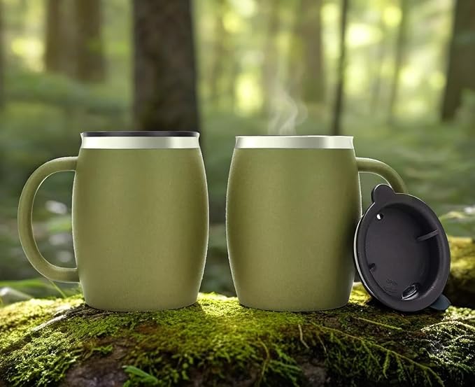Stainless Steel Insulated Coffee Mugs Set of 2 (14oz) – Double Wall Coffee Cups With Spill Resistant Lid & Strong Handle, Shatterproof Cups for Cold Drinks, Hot Beverages, Indoor & Outdoor Use