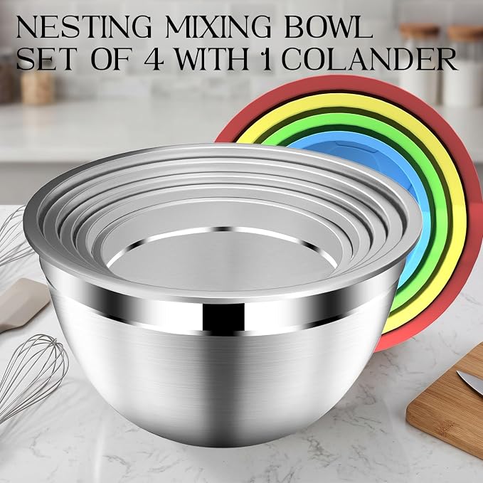 DUTZUN Colorful Mixing Bowls with Strainer, Mixing Bowl with Lids Set, Stainless Steel Mixing Bowls, Kitchen Gadgets Salad Bowls with Strainer for Mixing & Preping & Serving