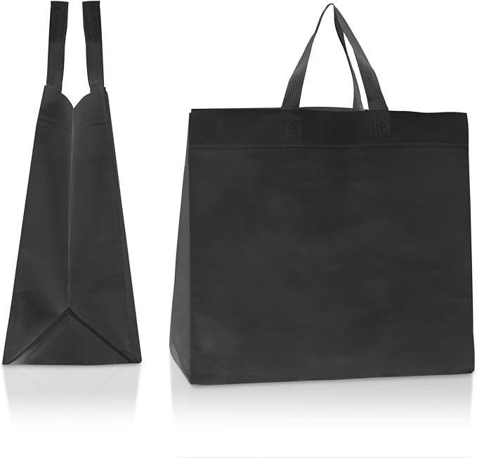 Simply Cool 50 Pack Reusable Grocery Bags, Medium Tote Bags Bulk, Black | 12.6"x6.3"x11.8" Heavy Duty Non-woven Custom Shopping Bags with Handles, Foldable, Washable for Retail and Commercial use