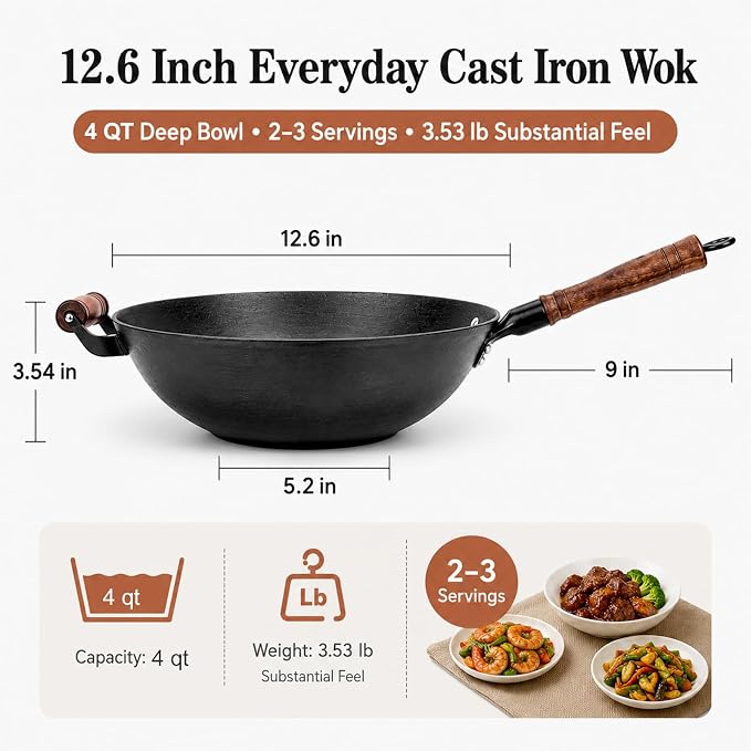 WANGYUANJI 12.6 Inch Cast Iron Wok with Wooden Lid, Handcrafted Flat Bottom Chinese Stir Fry Pan, Uncoated Heavy-Duty Iron Wok for Induction, Gas, Electric & Ceramic Stoves | Uncoated cast iron wok with wood lid for induction, gas and electric stoves; ...