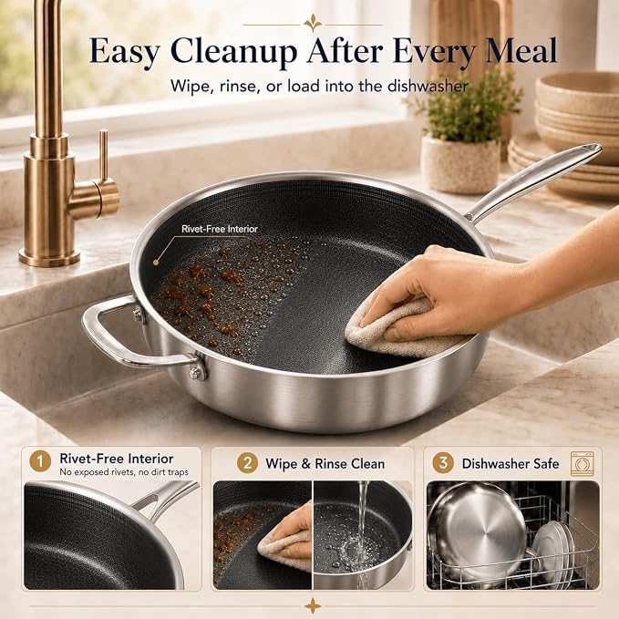 DELARLO Tri-Ply Hybrid Stainless Steel 10 Inch Saute Pan,3QT Chef Cooking Pan,Anti-Scratch,Compatible with All Cooktops,Oven Up to 660℉,Chicken Fryer,Dishwasher-Friendly（Detachable handle）