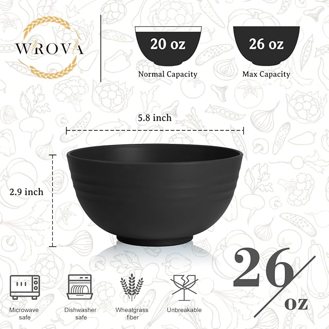 Wheat Straw Camping Bowls Sets of 6,Unbreakable 26oz Lightweight Bowls Sets for Outdoors Activity,Breakfast Bowls for Cereal and Salad.Black Series