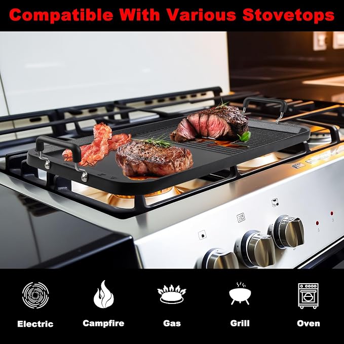 2-in-1 Stove Top Griddle & Grill Pan, 20 Inch Non-Stick Double Burner Griddle for Gas, Electric, and Camping Stoves, Perfect for Pancakes, BBQ, and Indoor/Outdoor Cooking