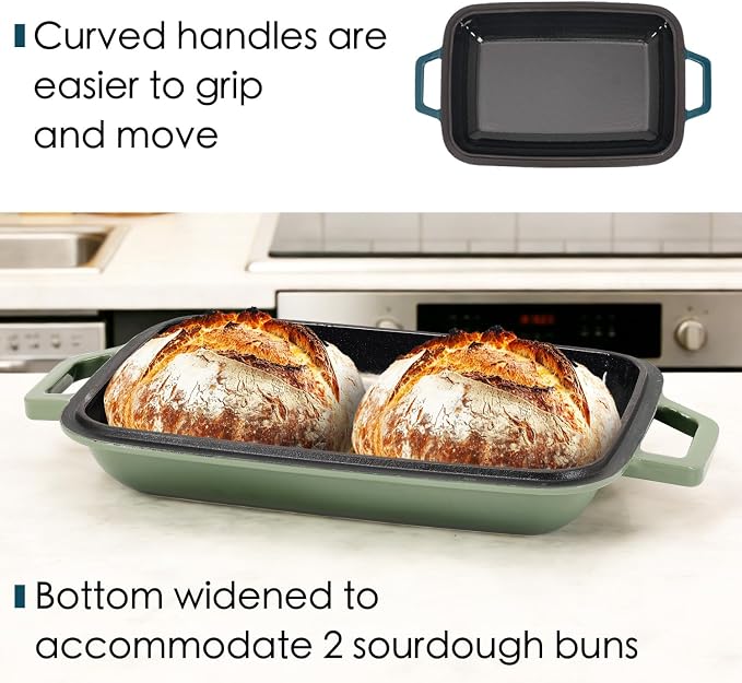 Flavehc Oval Cast Iron Dutch Oven for Bread Baking 12x8 Inch Enameled Bread Pan with Lid 6QT Cast Iron Bread Dutch Oven for Sourdough，Green