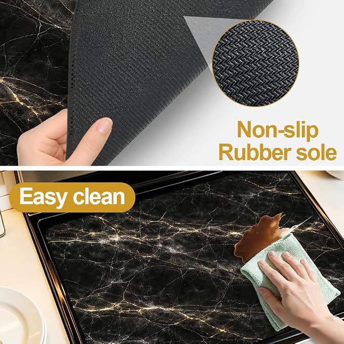 Black Gold Marble Stove Top Cover for Electric Gas Glass Top Stove | Black and gold marble kitchen decor; non-slip stovetop cover, glass cooktop cover, faux marble counter mat for glam kitchen