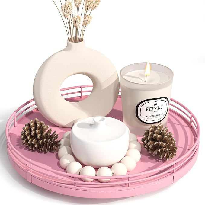 Oroyutor 9-Inch Oak Lazy Susan Decorative Tray, Pink Finish | Rotating oak tray organizes spices, toiletries and decor on kitchen counters, bathroom vanities, dining and coffee tables.