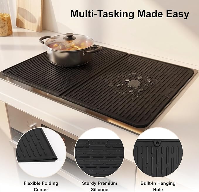 Foldable Silicone Stove Top Cover – 20"x28" Stove Top Covers for Electric Stove, Glass Top Stove Cover, RV Stove Top Cover & Dish Drying Mat (Black, 28''x20'')