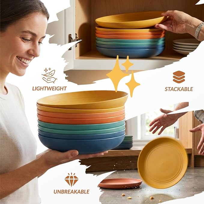 10 inch Wheat Straw Dinner Plates Set of 8 - Alternative to Plastic, Microwave & Dishwasher Safe, Unbreakable Kids Plates with 4 Colors (Classic Bright)
