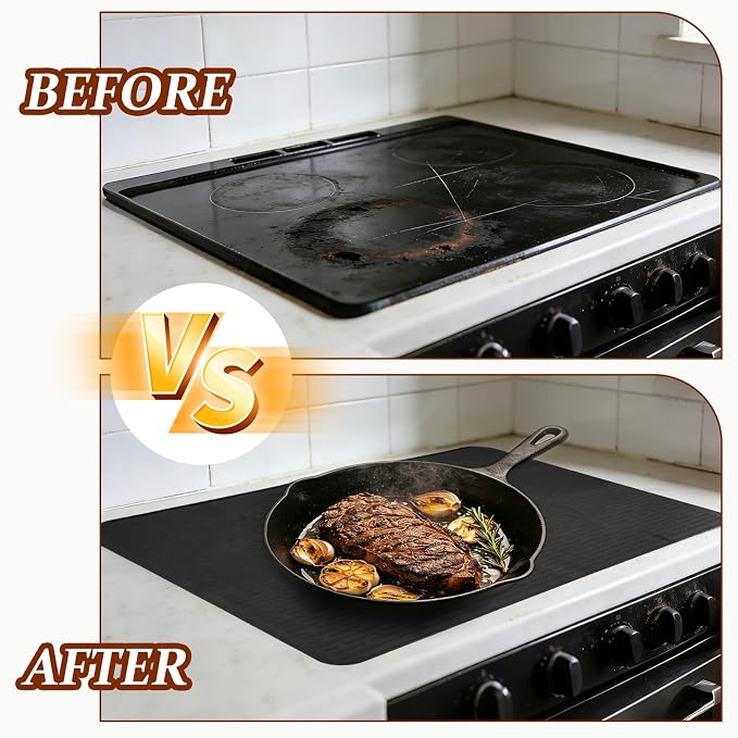 PATIKIL 28 x 20 Inch Stove Top Cover for Electric Stove, 2Pcs Silicone Stripe Mat for Glass Top Cover Non-Slip Glass Cooktop Protector for Kitchen Oven Dish Drying Mat, Black