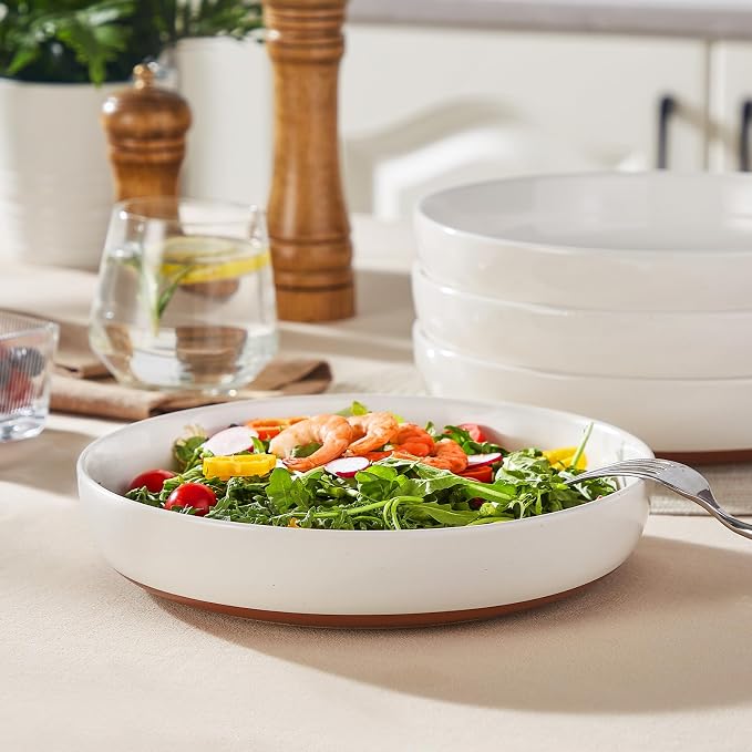 MALACASA 48 Oz Pasta Bowls Set of 4, Ceramic Soup Bowls, TARA Khaki White | Microwave and Dishwasher Safe, Chip-Resistant, For Salad, Soup, Fruit, and Dessert, 9 Inch Wide, Stackable, Modern Design