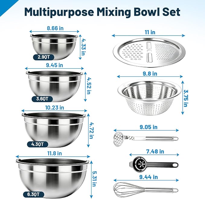 Stainless Steel Mixing Bowls with Lid and Colander Set | Size 6.3, 4.3, 3.6, 2.9QT,9Pcs Multipurpose Kitchen Metal Bowls with Grater,Colander,Egg Whisk,Separator for Baking Serving