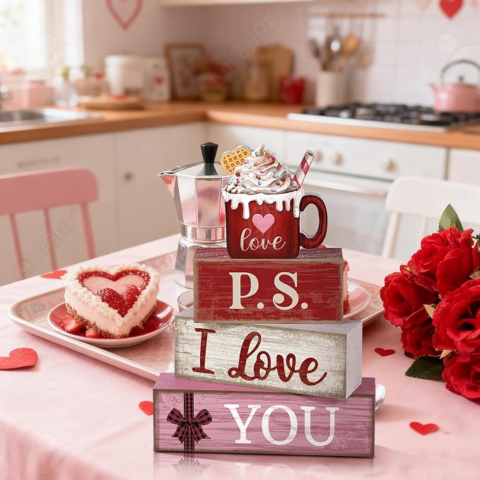 Lineshading 4 Pcs Wooden Block Signs, P.S. I Love You Tiered Tray Decor | Farmhouse Coffee Mug Topper Design, Valentine's Day Tabletop Display, Stackable Set for Home Accents, Distressed Wood