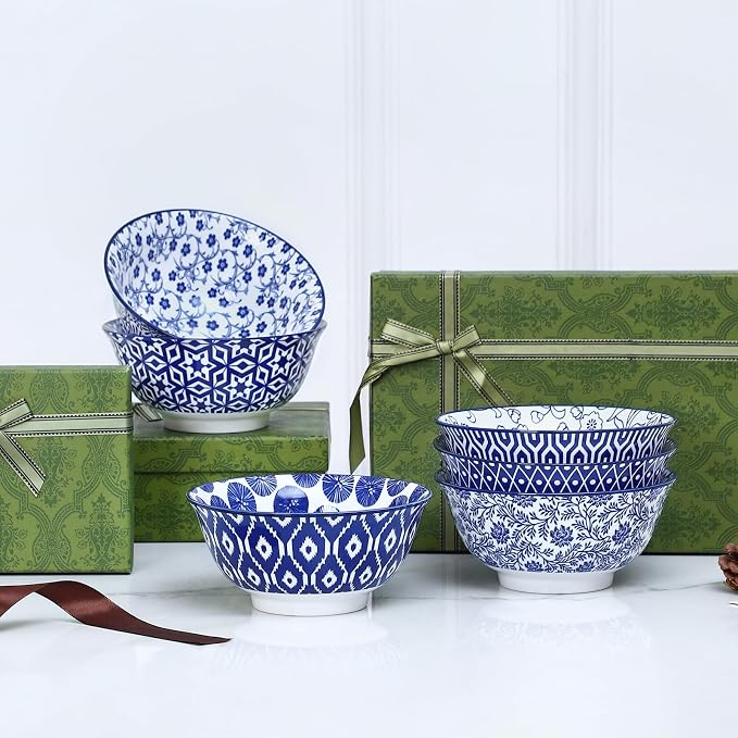 Selamica 7 inches Porcelain Cereal Bowl Set - Set of 6, Soup Bowls, Ceramic bowls for Cereal, Soup, Salad and Pasta, Vintage Blue