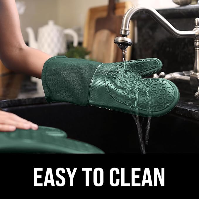 BPA-Free Silicone Oven Mitts Ultra Heat Resistant up to 500°F - Oven Mitts with Thick Cotton Liner - Long Slip Resistant Pot Holders, Flexible Oven Gloves - Green 13.7"