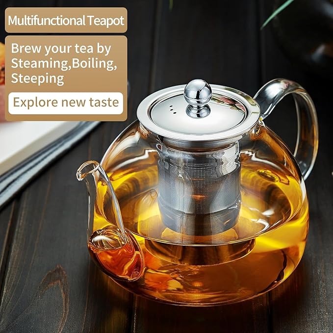 DOPUDO 42OZ (1250ML) Glass Teapot with Infuser Stovetop Safe, Clear Glass Tea Pot Kettle, Borosilicate Tea Pot with Infusers Filter for Loose Tea, Tea Kettle Dishwasher Safe