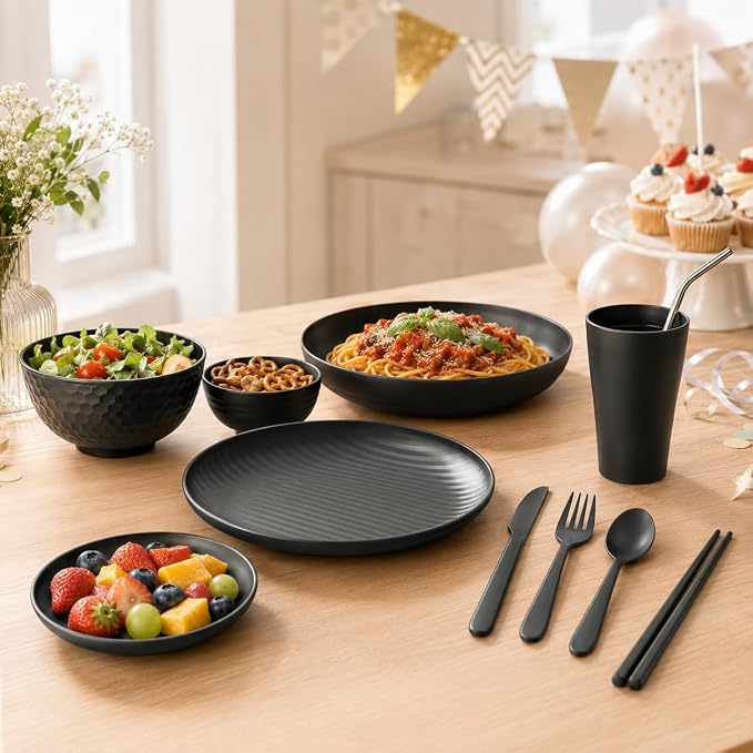 Teivio 96-Piece With Flatware Plastic Wheat Straw Dinnerware Set for 8 | Dinner/Dessert Plates, Cereal Fruit Bowls, Pasta Bowls, Cups, Unbreakable Dishwasher Safe Kitchen Outdoor RV Dish, Black