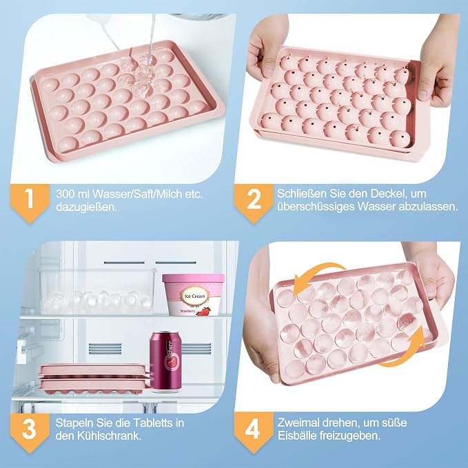 Ice Cube Tray with Lid and Bin, 1" Round Ice Trays for Freezer | 3 Pink Ice Cube Trays with Ice Box & Tong, 1" Round Ice Balls for Iced Coffee & Juice, Easy Twist Release, For Gatherings