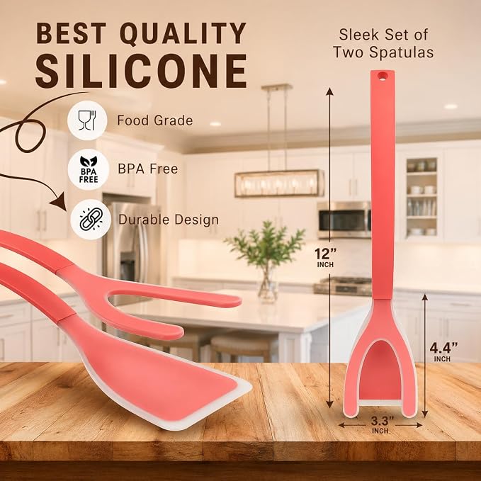 Silicone Egg Flipper Spatula Tongs (Set of 1) – Non-Stick 2-in-1 Grip & Flip Kitchen Tongs for Pancakes, Fish, Eggs, and More – Heat Resistant Cooking Tool (Red)