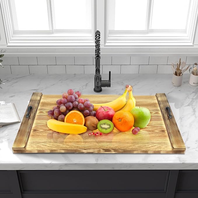 Noodle Board Stove Cover with Handles, Bamboo Wood Stove Top Covers for Electric Stove & Gas Burners, 30" x 22" Stovetop Cover, Rustic Kitchen Decor, for Countertop/Sink Cover/RV (Brown)