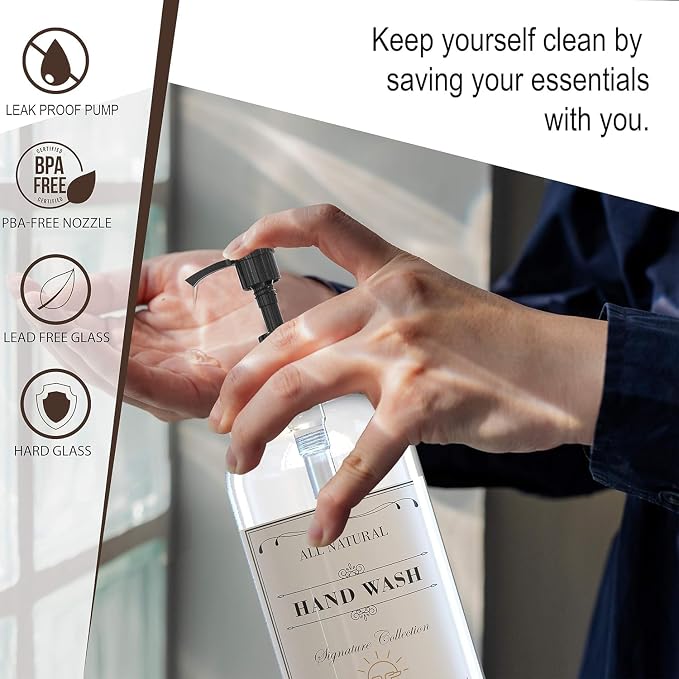 Clear Glass Soap Dispenser with Pump, 16 oz | Clear Glass, Soap Dispenser Pump, Bathroom and Kitchen Sink use,12 Waterproof Labels (pack of 4)