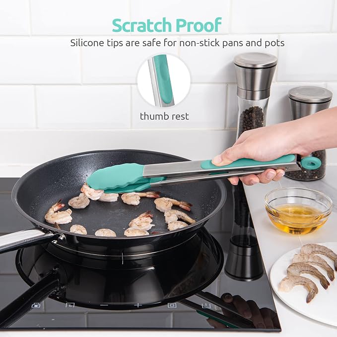 U-Taste Kitchen Tong for Cooking, 600ºF Heat-Resistant Tps, 12in/Aqua Sky | Large Tongs for Serving Food, Big Rubber Tong for Grill/BBQ, Silicone Tips & 18/8 Stainless Steel Handle, Smooth Locking