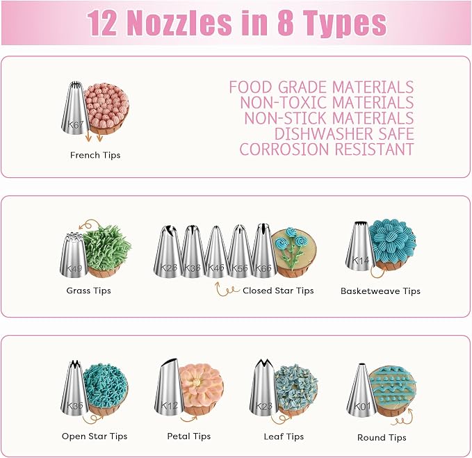 Cake Decorating Supplies Kit Tools 255pcs, Cake Decorating Set with Cake Turntable, 12 Numbered Icing Piping Tips, Cookie Cutters, Icing Smoother & Other Accessories for Cake Decoration (255, Pink)