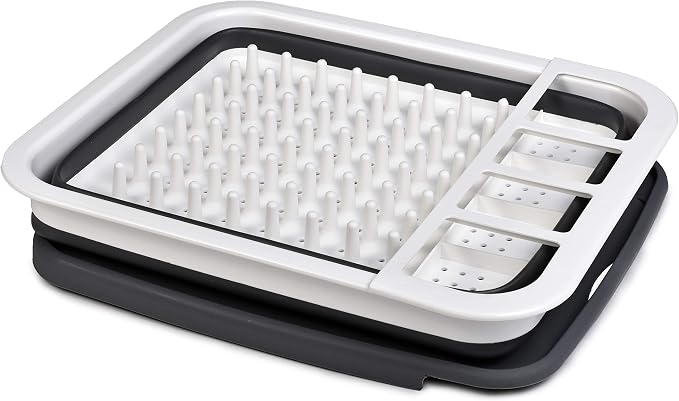 Masirs Pop-Up Collapsible Dish Drying Rack: Convenient Storage, Drains into Sink, Eight Large Plate Capacity, Sectional Cutlery and Utensil Compartment. Compact and Portable Design.