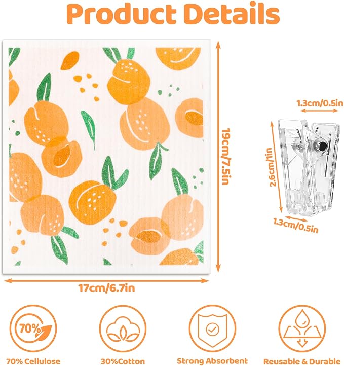 6 Pack Fruit Swedish Dishcloths for Kitchen,Swedish Rags Dish Towels | Reusable Paper Towels with Clips Washable Absorbent Cellulose Sponge Cloths for Countertop Dishes Cleaning
