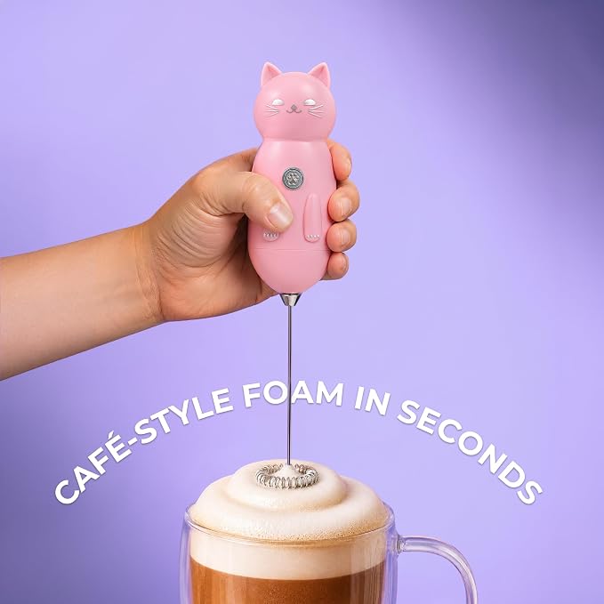 Zulay Kitchen Cat Milk Frother Wand – Cutesy Frother, Meet Your New Frothing Buddy Princess The Cat, Adoption Papers and Stickers Included, Purrr-fect for Lattes, Cappuccino & Matcha – Pink