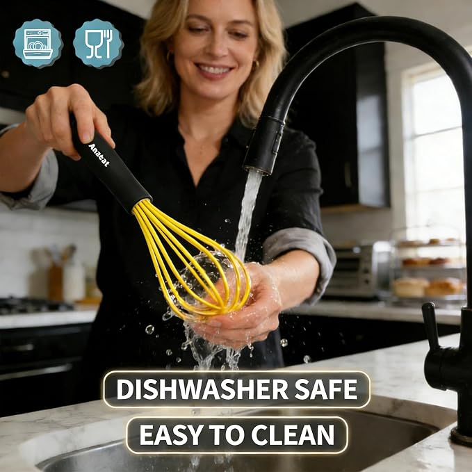 Anaeat Silicone Whisk, Thick Stainless Steel Wire Inner Heat Resistant - Kitchen Whisks for Non-Stick Cookware, Balloon Egg Beater for Whisking, Blending, Beating, Frothing & Stirring (Yellow)