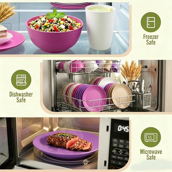 Wheat Straw Dinnerware Sets 40 PCS Bowl and Plate Sets With Cup Dishes Set for 8 Unbreakable Dish Sets Microwave Safe Plates Dinner Bowls Drinking Glasses With 4 Color - Flower Color