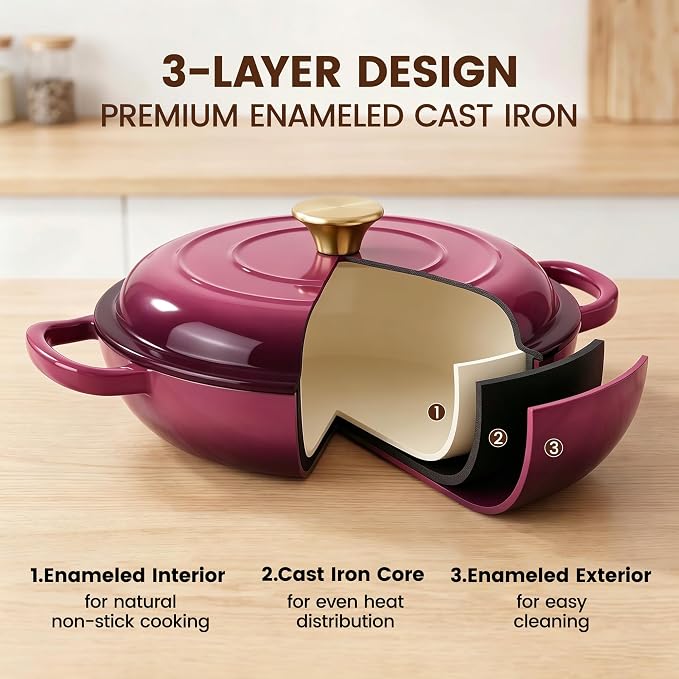 Vintage Style 3 Quart Enameled Cast Iron Braiser, Non Stick Enameled Cast Iron Skillet with Lid, Dutch Oven Skillet with lid up to 500°F for Oven, Stove, Grill, Shallow Dutch Oven for Cook, Bake (Rose)