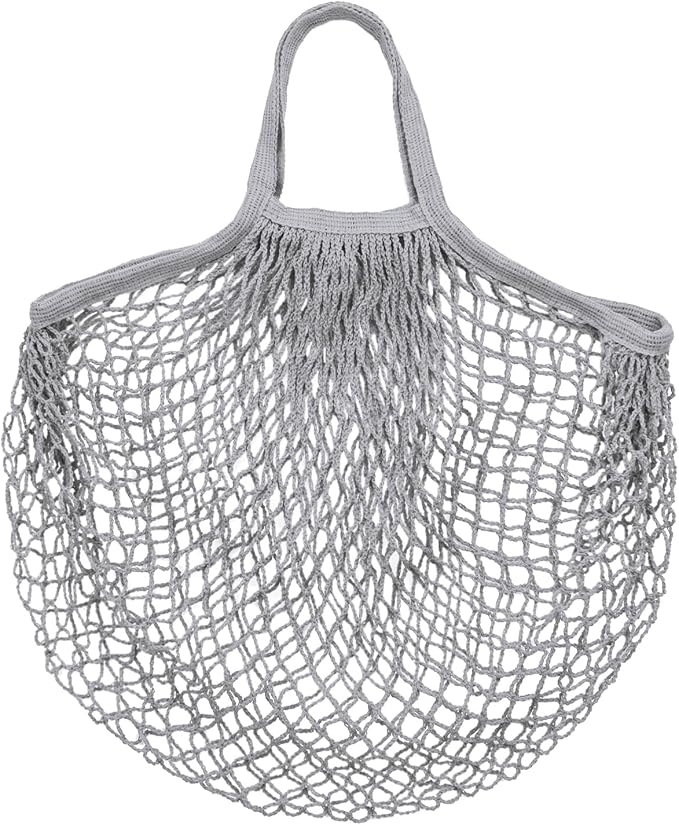 M METERXITY 1-Pack Cotton Mesh Bag, Reusable Washable Mesh Net String Grocery Bags, Reusable Produce Bags with Handle, Net Tote Bag for Fruits/Vegetables Shopping [Gray, Short Handle]