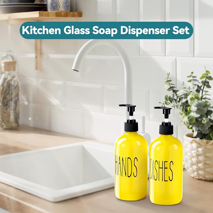 COHOSEGE Glass Soap Dispenser Set 2 Pack,16 Oz Dish Soap Dispenser for Kitchen Sink,Lemon Kitchen Decor and Accessories,Yellow Decorations and Kitchen Utensils for Kitchen