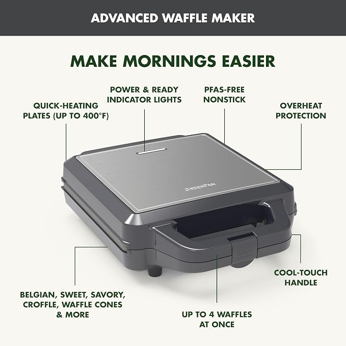 GreenPan Advanced Waffle Maker, 4-Square Belgian & Classic Waffle Maker, PFAS-Free Ceramic Nonstick, Dishwasher Safe Plate, Cool-Touch Handle, Overheat Protection, Easy Clean, Graphite