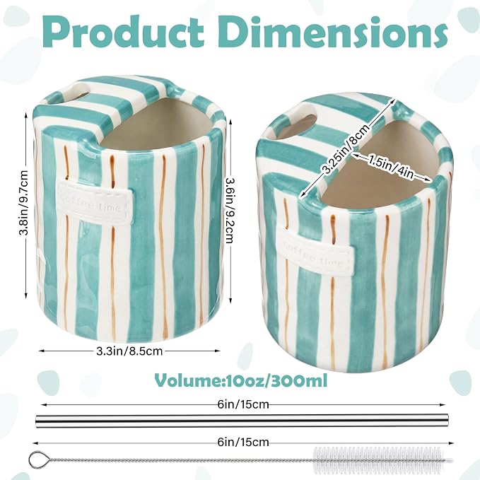 1 Pack Ceramic Mug with Sip Hole, Simple, Blue and Brown | 10oz Ceramic Coffee Cup with Straws, Retro Hand Painted Striped, for Iced Coffee Tea Latte Espresso, Kitchen Dining Travel