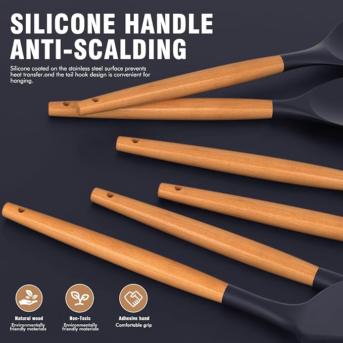 Silicone Cooking Utensils Set - AVGPD Silicone Kitchen Utensils for Cooking Wooden Handles, 446°F Heat Resistant Kitchen Utensil Spatula Sets, Gadgets for Non-Stick Cookware BPA FREE (Navy Blue)