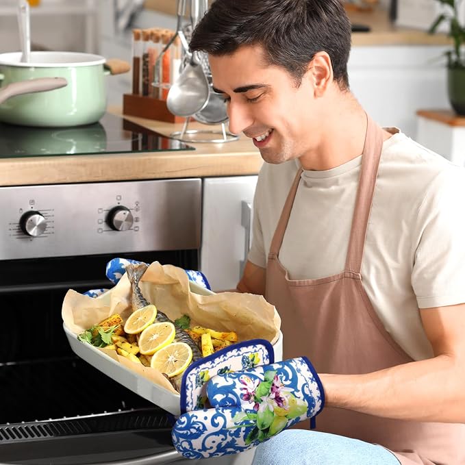 Bencailor 6 Pcs Lemon Kitchen Towels Oven Mitts and Pot Holders Set Decorative Dish Towels Tea Washcloth Non Slip Heat Resistant Oven Gloves for Summer Home Cooking Baking, Blue, Gold