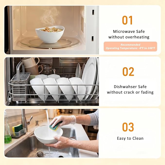 Soup Bowls Sets of 6, Unbreakable Wheat Straw Bowls 26oz, Oval Kitchen Bowls for Fruit, Ramen, Salad, Microwave and Dishwasher Safe Plastic Serving Bowls for Party, Apartment, Dorm - White