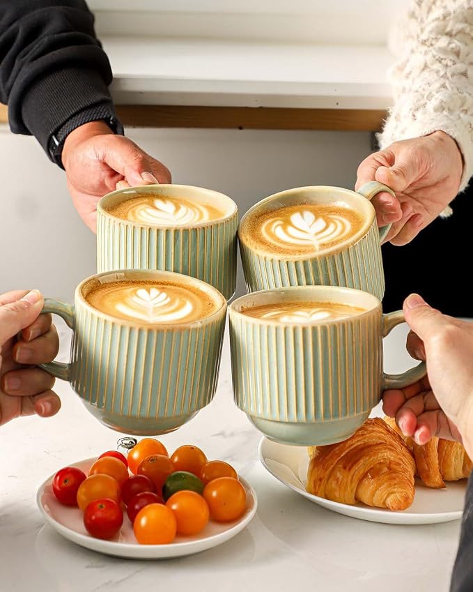 HASENSE Ceramic Coffee Mugs Set of 4 with Rack - 15 oz Stackable Large Porcelain Ribbed Latte Cup Set for Cappuccino, Tea, Hot Cocoa, Drinks - Dishwasher & Microwave Safe, Sage Green