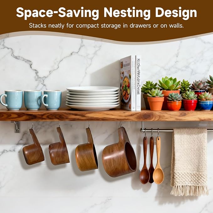 Wooden Measuring Cups and Spoons Set - Eco-Friendly Solid Acacia Wood, Laser Engraved Measurements, Perfect for Baking & Cooking - Ideal for Bakers (4-Pc Acacia Wood Measuring Cups)