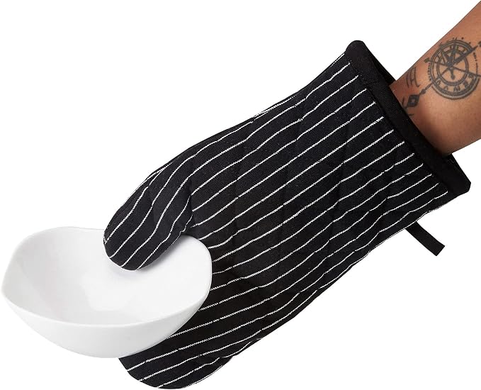 Encasa XO Long 12"x7" Oven Microwave Hand Gloves Mitts (2 pc Set) for Kitchen Cooking & Baking - Heat Resistant, Thick & Safe, Protection of Hands from Hot Utensils - Butcher Stripes Black